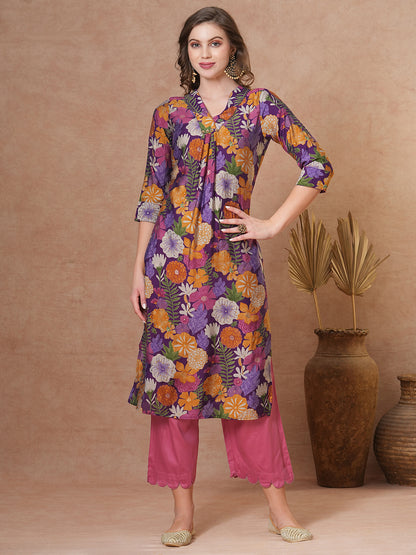 Ethnic Floral Printed Straight Fit Kurta - Purple