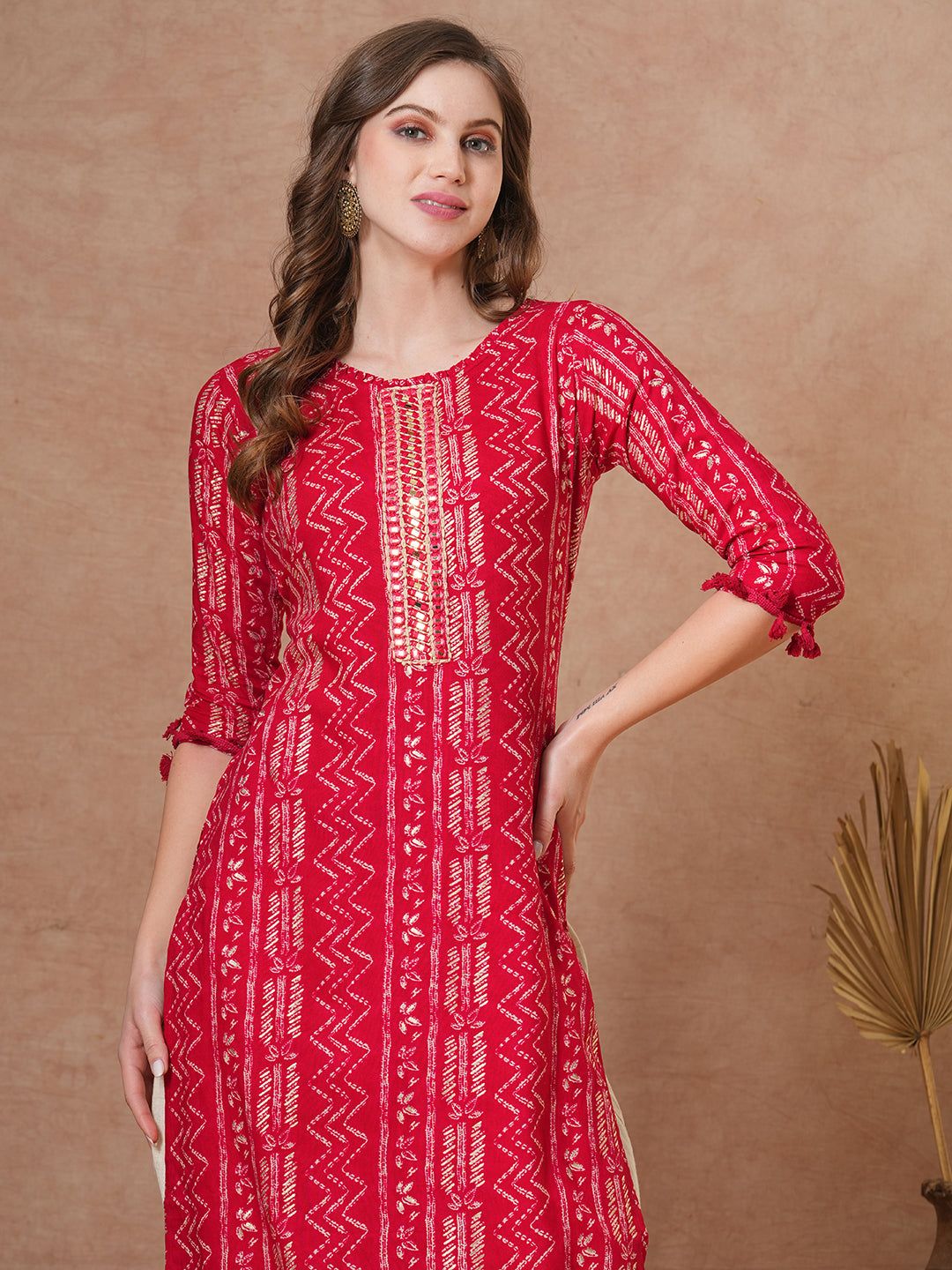 Ethnic Chevron Printed & Embroidered Straight Fit Kurta - Red