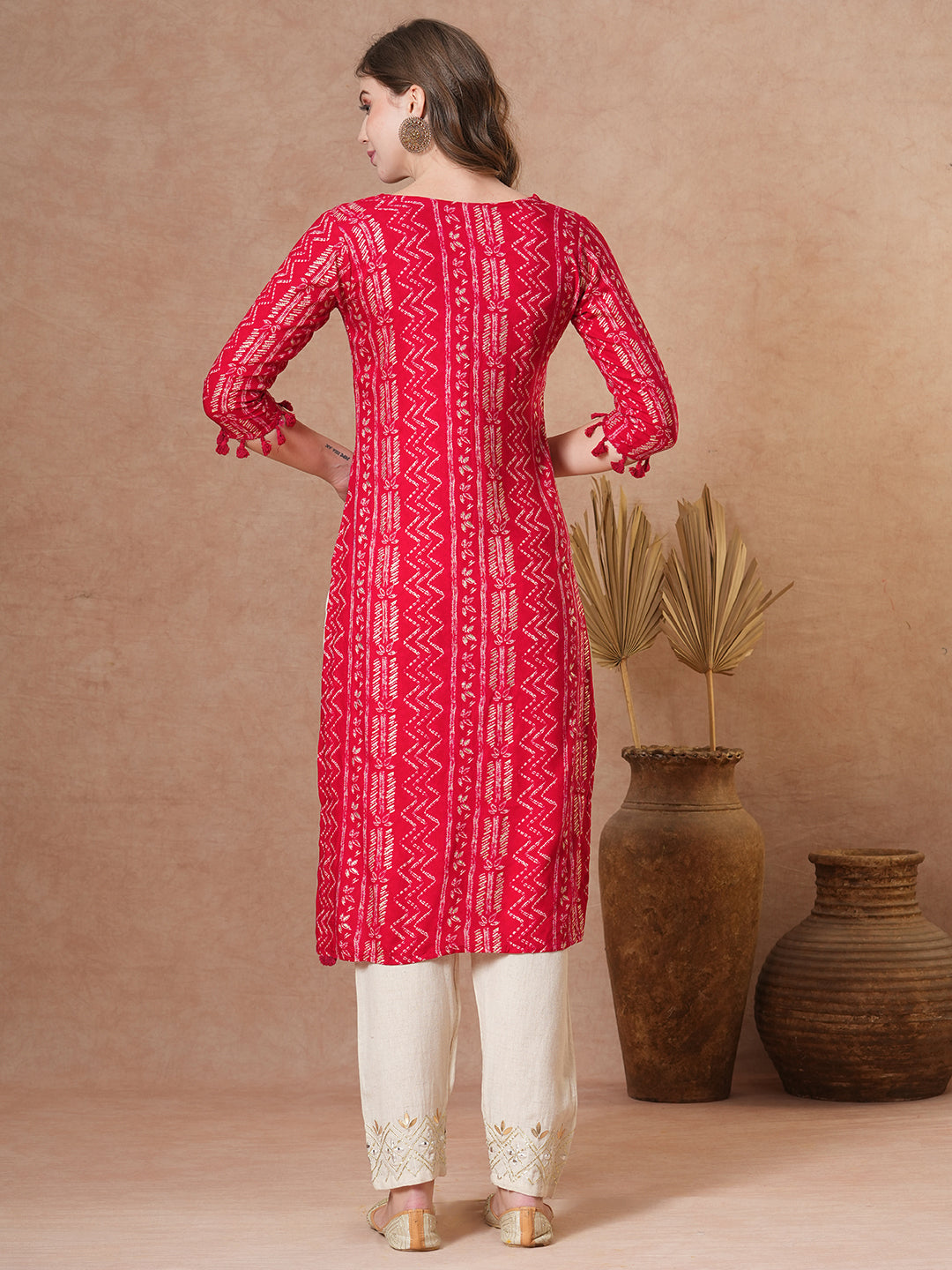 Ethnic Chevron Printed & Embroidered Straight Fit Kurta - Red