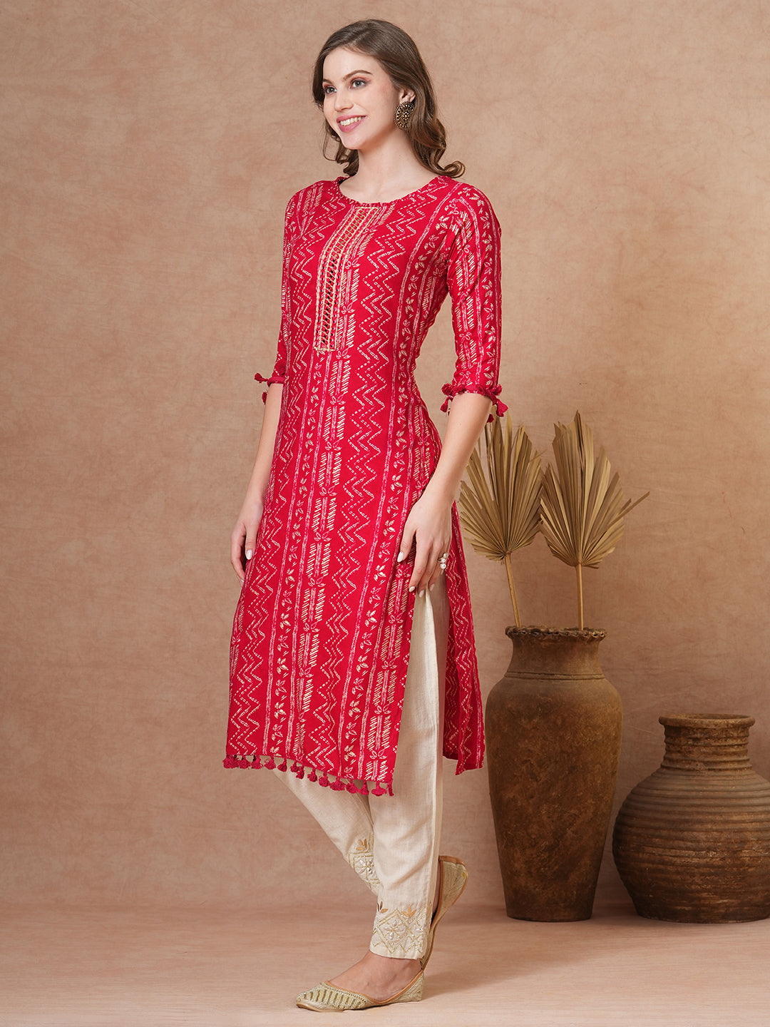 Ethnic Chevron Printed & Embroidered Straight Fit Kurta - Red