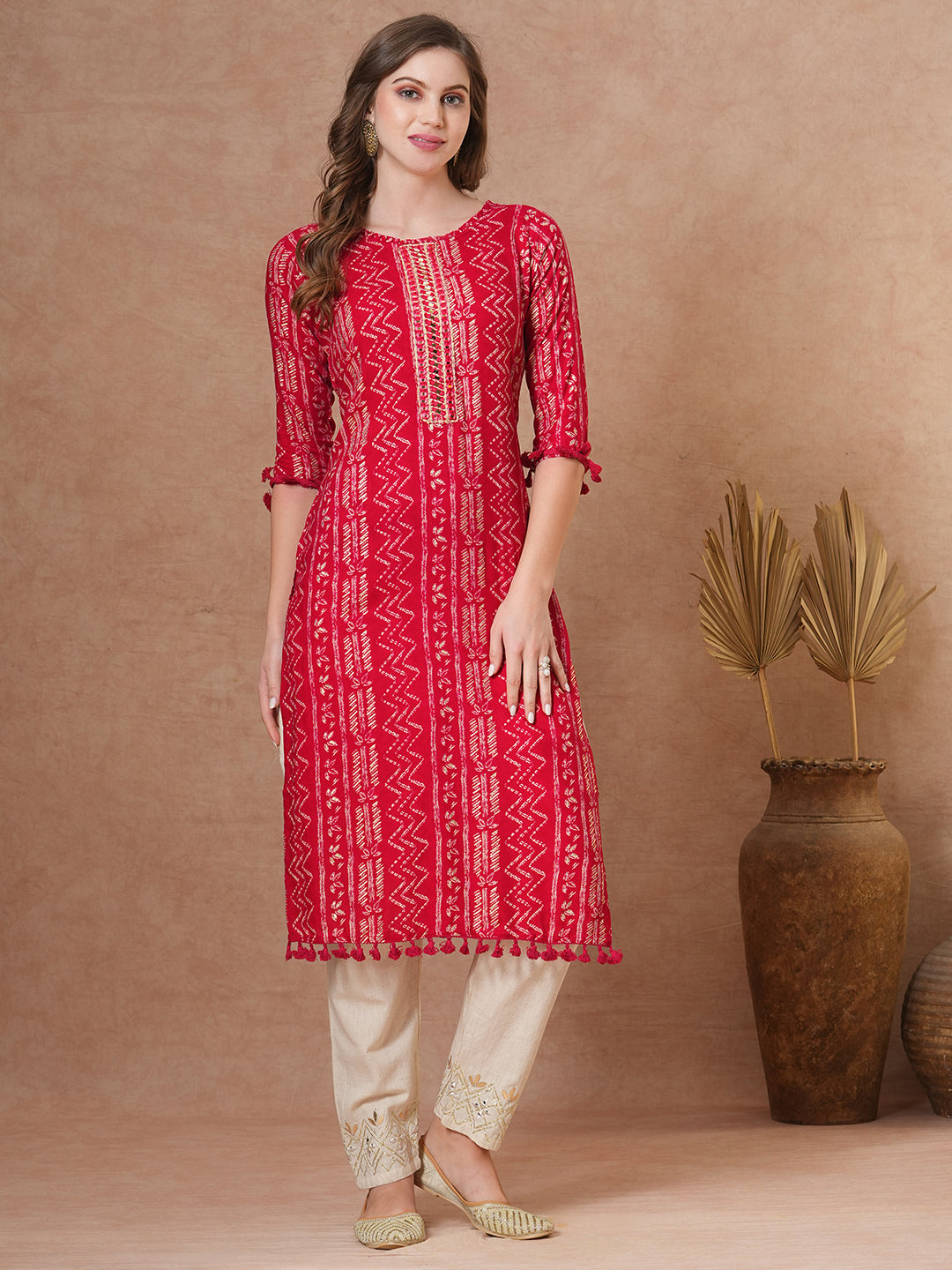 Ethnic Chevron Printed & Embroidered Straight Fit Kurta - Red