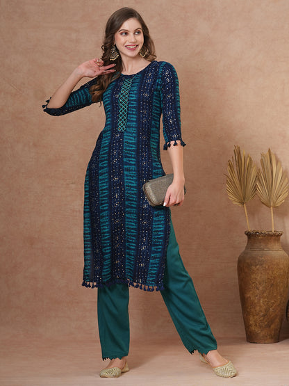 Ethnic Bandhani Printed & Embroidered Straight Fit Kurta - Teal