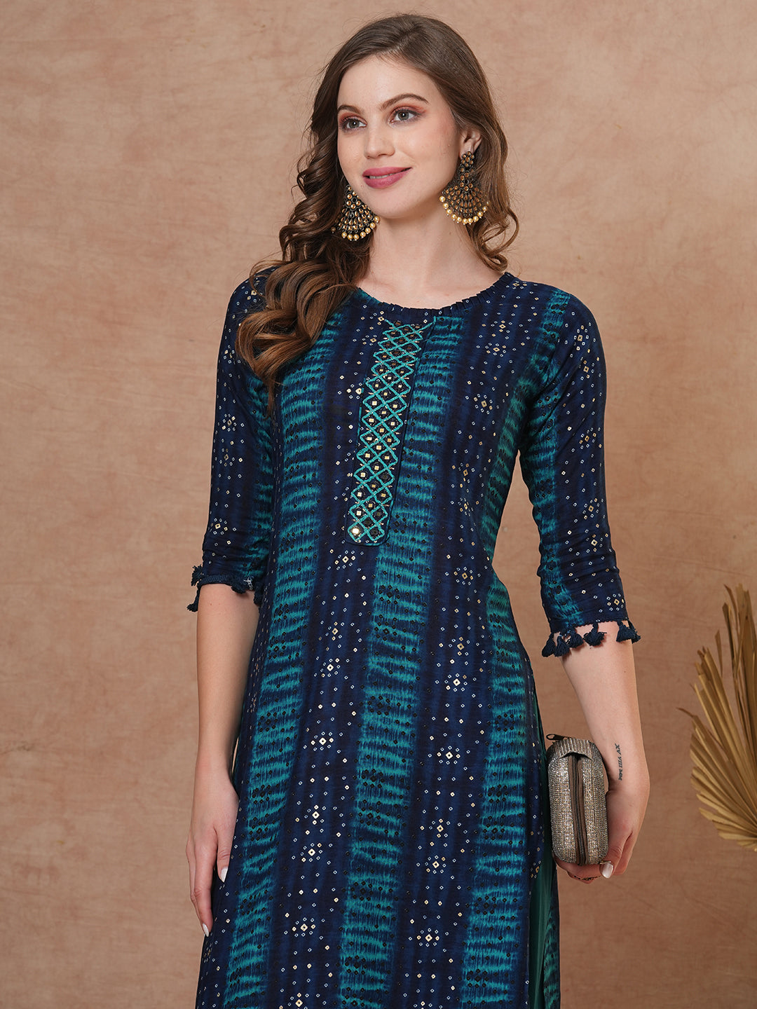 Ethnic Bandhani Printed & Embroidered Straight Fit Kurta - Teal