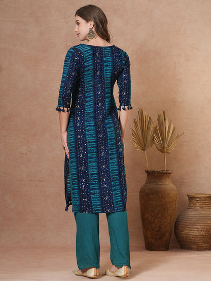 Ethnic Bandhani Printed & Embroidered Straight Fit Kurta - Teal