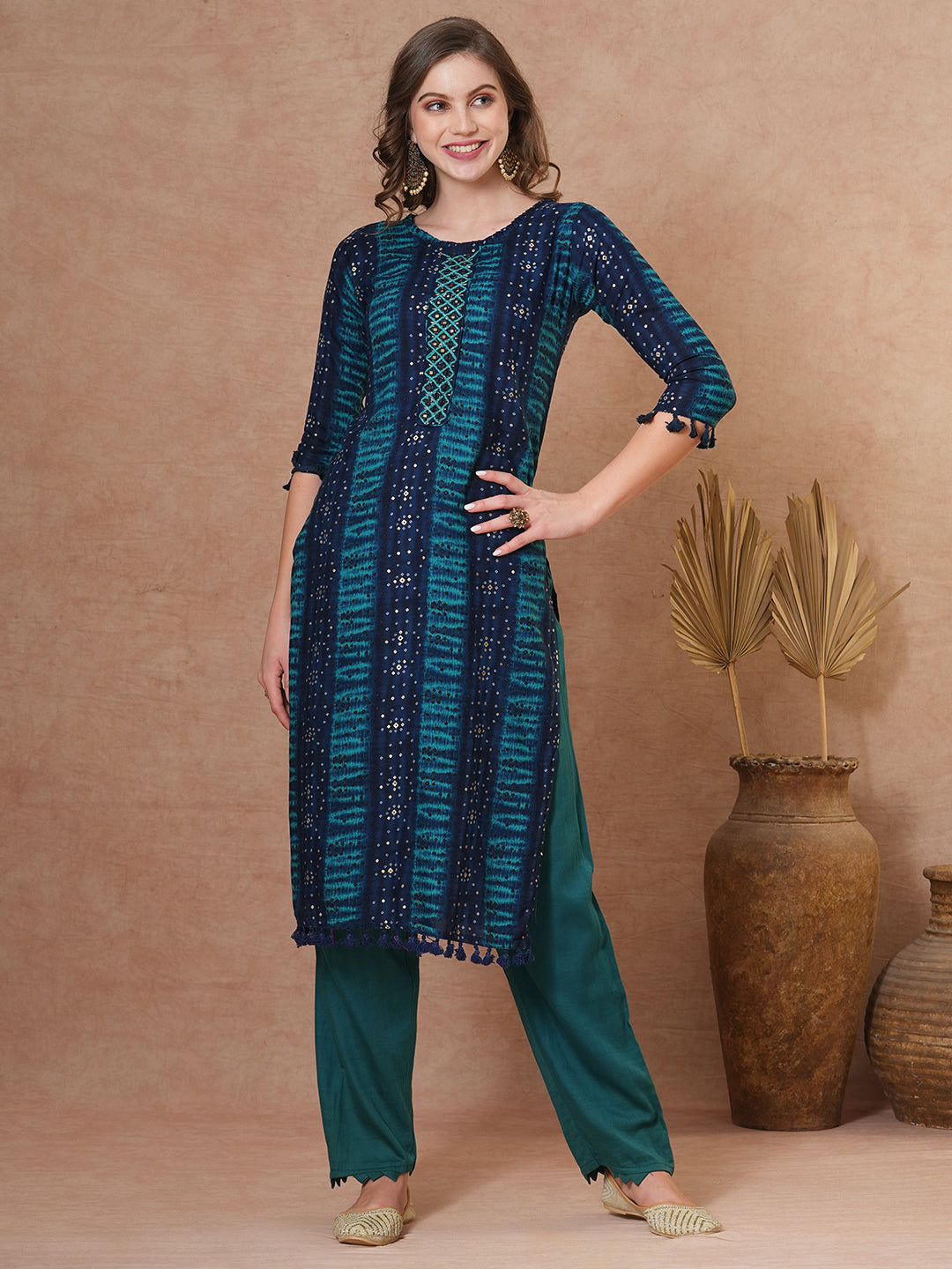 Ethnic Bandhani Printed & Embroidered Straight Fit Kurta - Teal