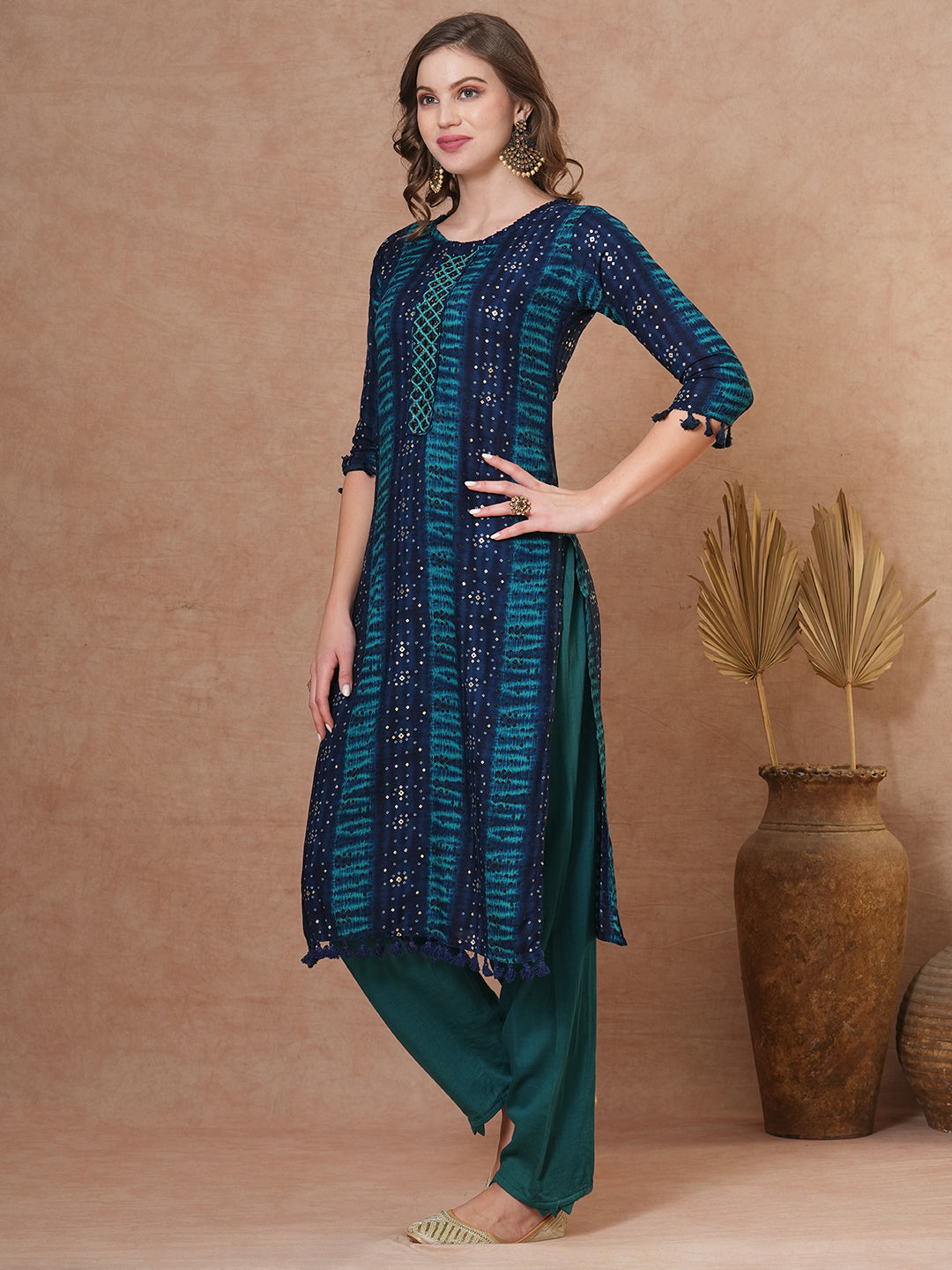 Ethnic Bandhani Printed & Embroidered Straight Fit Kurta - Teal