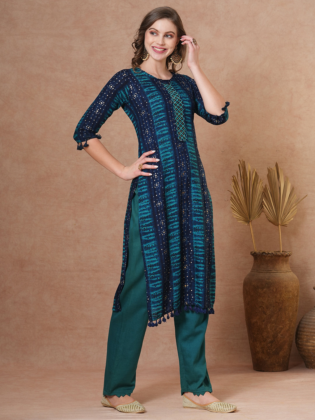 Ethnic Bandhani Printed & Embroidered Straight Fit Kurta - Teal