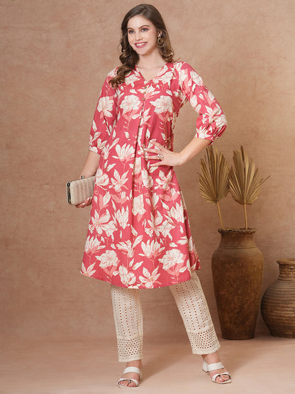 Abstract Floral Printed A-Line Flared Kurta - Coral