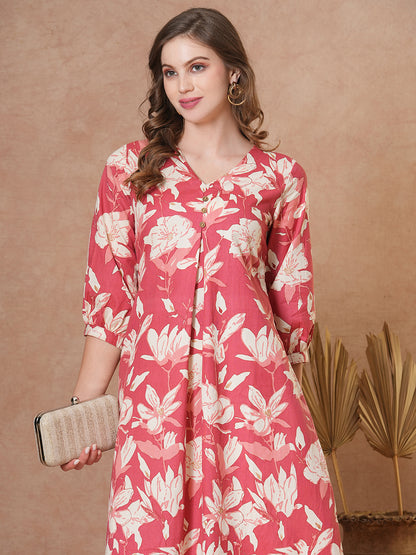 Abstract Floral Printed A-Line Flared Kurta - Coral