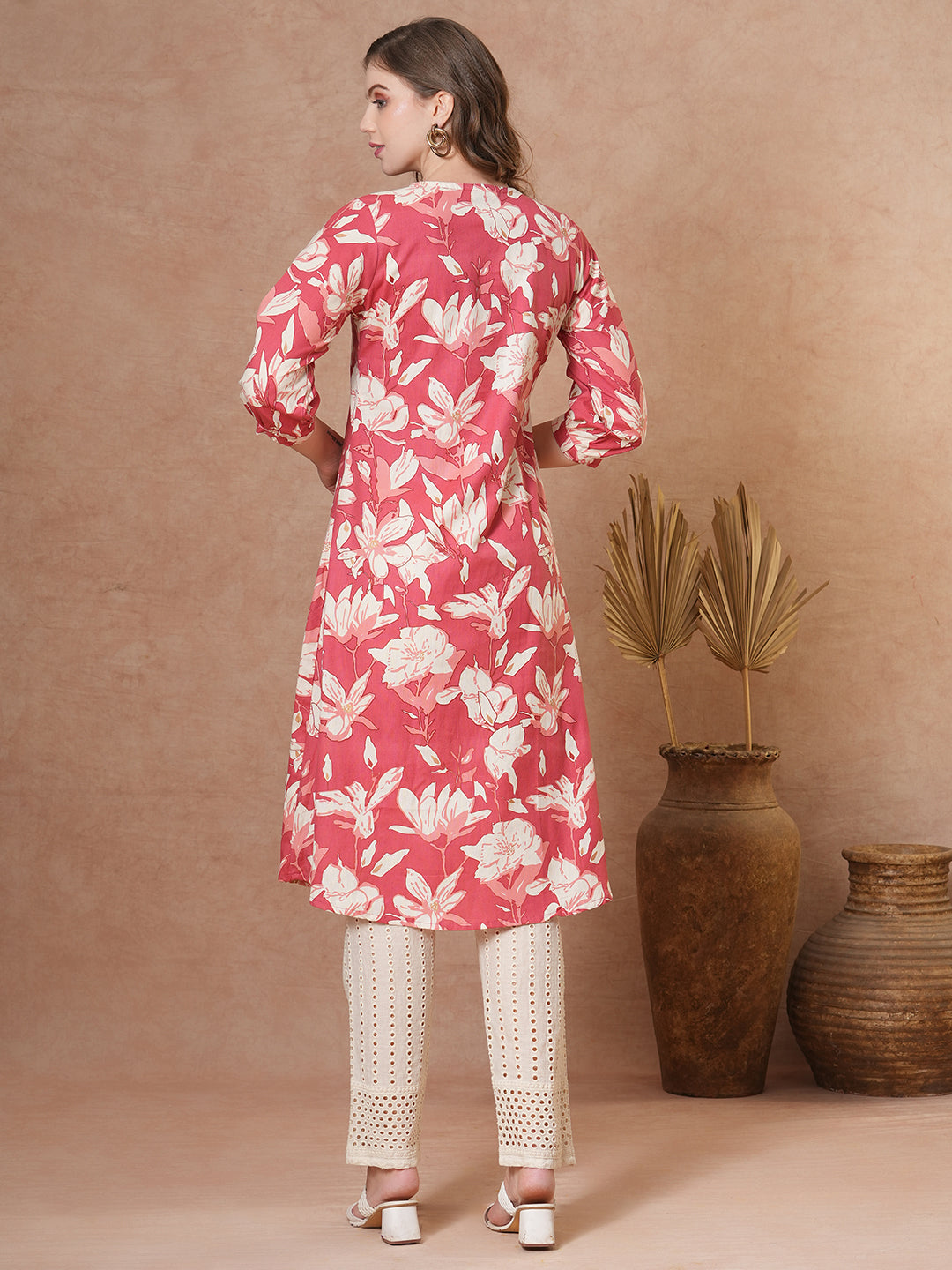 Abstract Floral Printed A-Line Flared Kurta - Coral