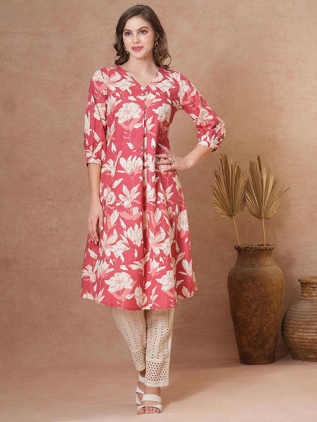 Abstract Floral Printed A-Line Flared Kurta - Coral