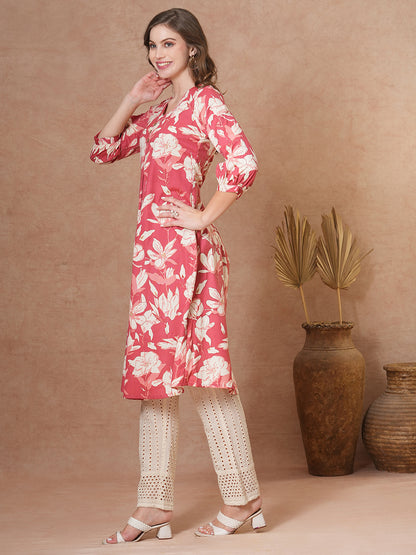 Abstract Floral Printed A-Line Flared Kurta - Coral