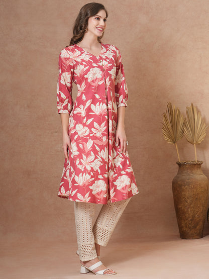 Abstract Floral Printed A-Line Flared Kurta - Coral