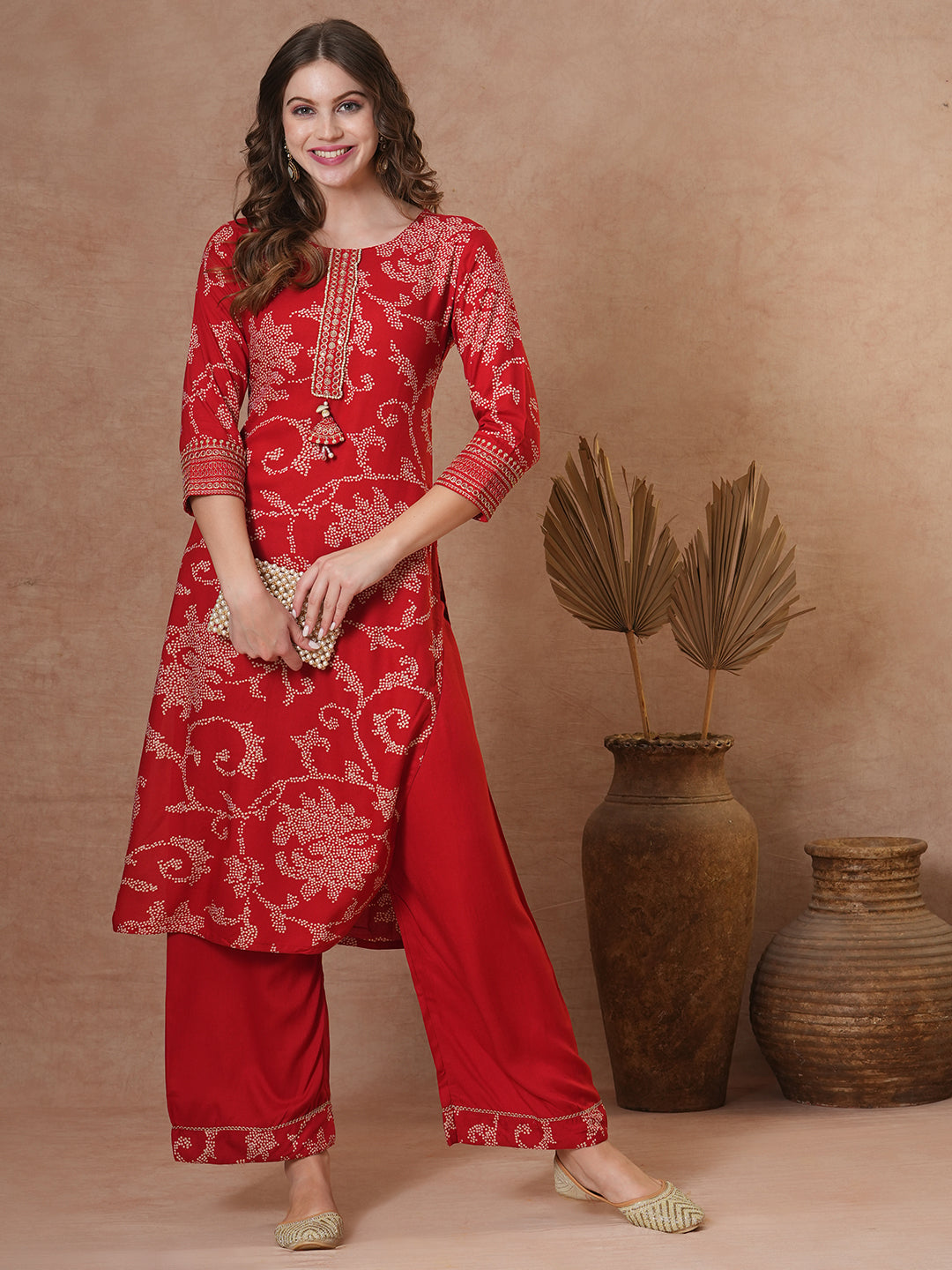 Ethnic Bandhani Printed Straight Fit Kurta with Palazzo - Red