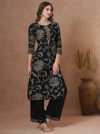 Ethnic Bandhani Printed Straight Fit Kurta with Palazzo - Black