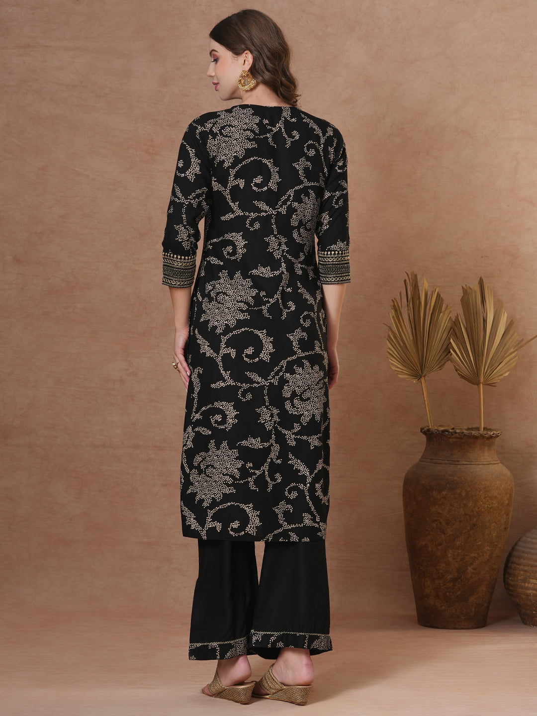 Ethnic Bandhani Printed Straight Fit Kurta with Palazzo - Black