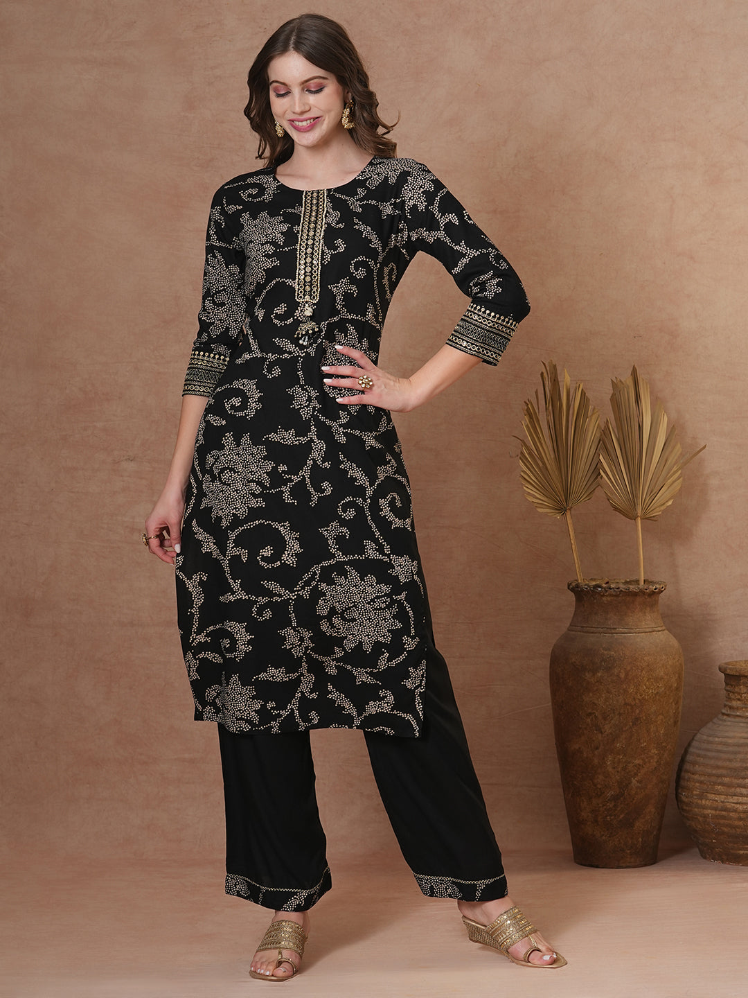 Ethnic Bandhani Printed Straight Fit Kurta with Palazzo - Black