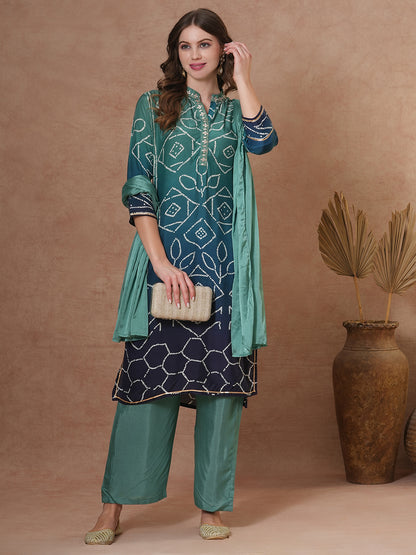 Bandhani Printed & Embroidered Straight Kurta with Palazzo & Dupatta - Sea Green