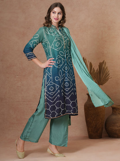 Bandhani Printed & Embroidered Straight Kurta with Palazzo & Dupatta - Sea Green