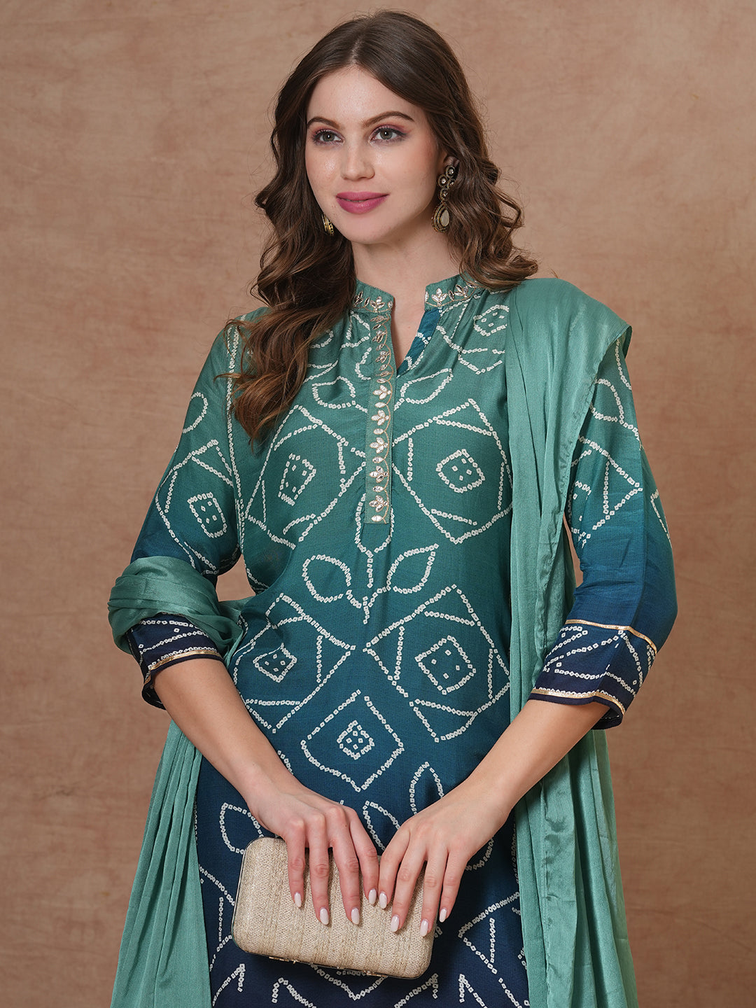 Bandhani Printed & Embroidered Straight Kurta with Palazzo & Dupatta - Sea Green