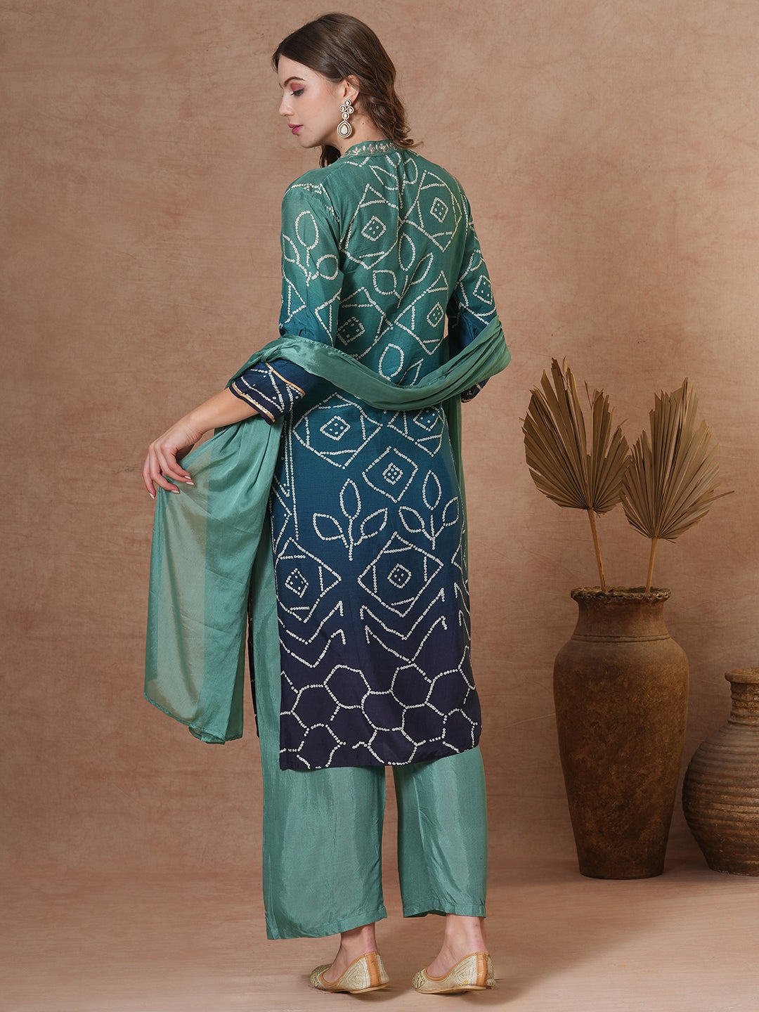 Bandhani Printed & Embroidered Straight Kurta with Palazzo & Dupatta - Sea Green