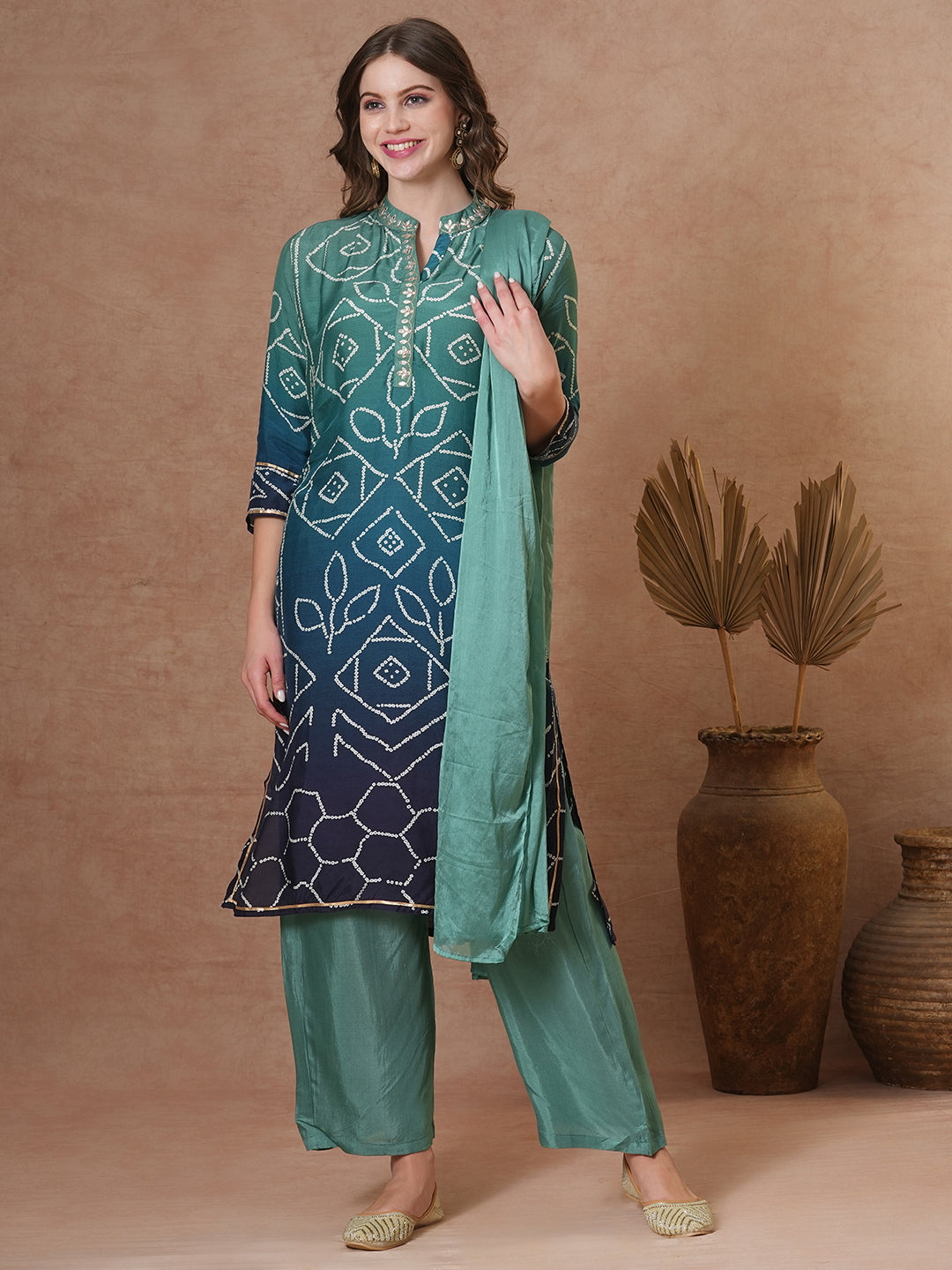 Bandhani Printed & Embroidered Straight Kurta with Palazzo & Dupatta - Sea Green