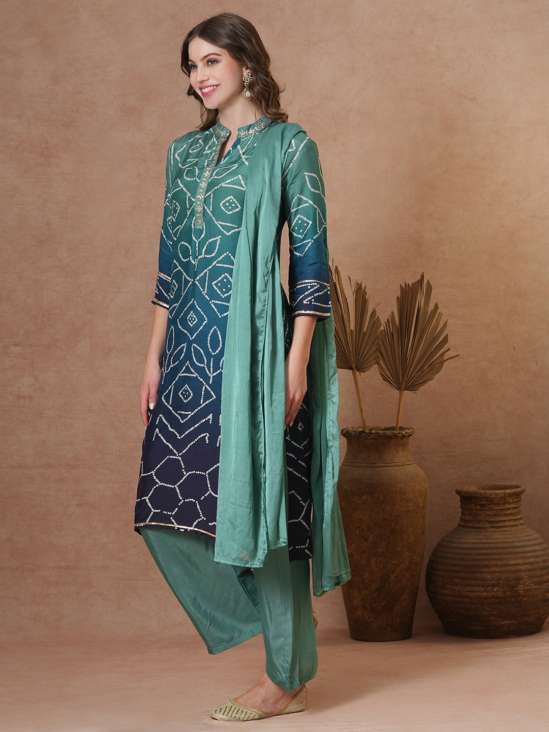 Bandhani Printed & Embroidered Straight Kurta with Palazzo & Dupatta - Sea Green