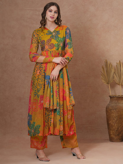 Abstract Floral Printed A-Line Pleated Kurta with Palazzo & Dupatta - Green