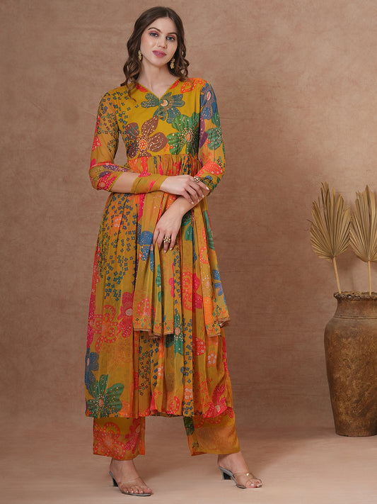 Abstract Floral Printed A-Line Pleated Kurta with Palazzo & Dupatta - Green