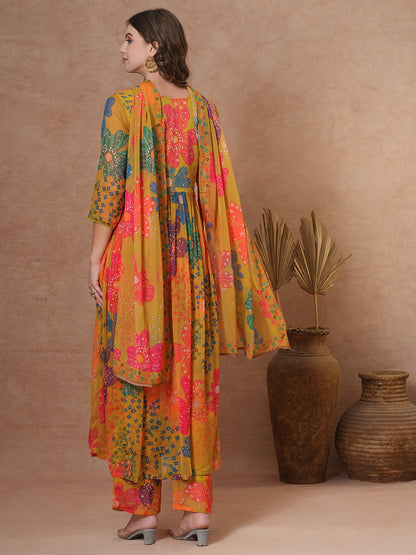 Abstract Floral Printed A-Line Pleated Kurta with Palazzo & Dupatta - Green