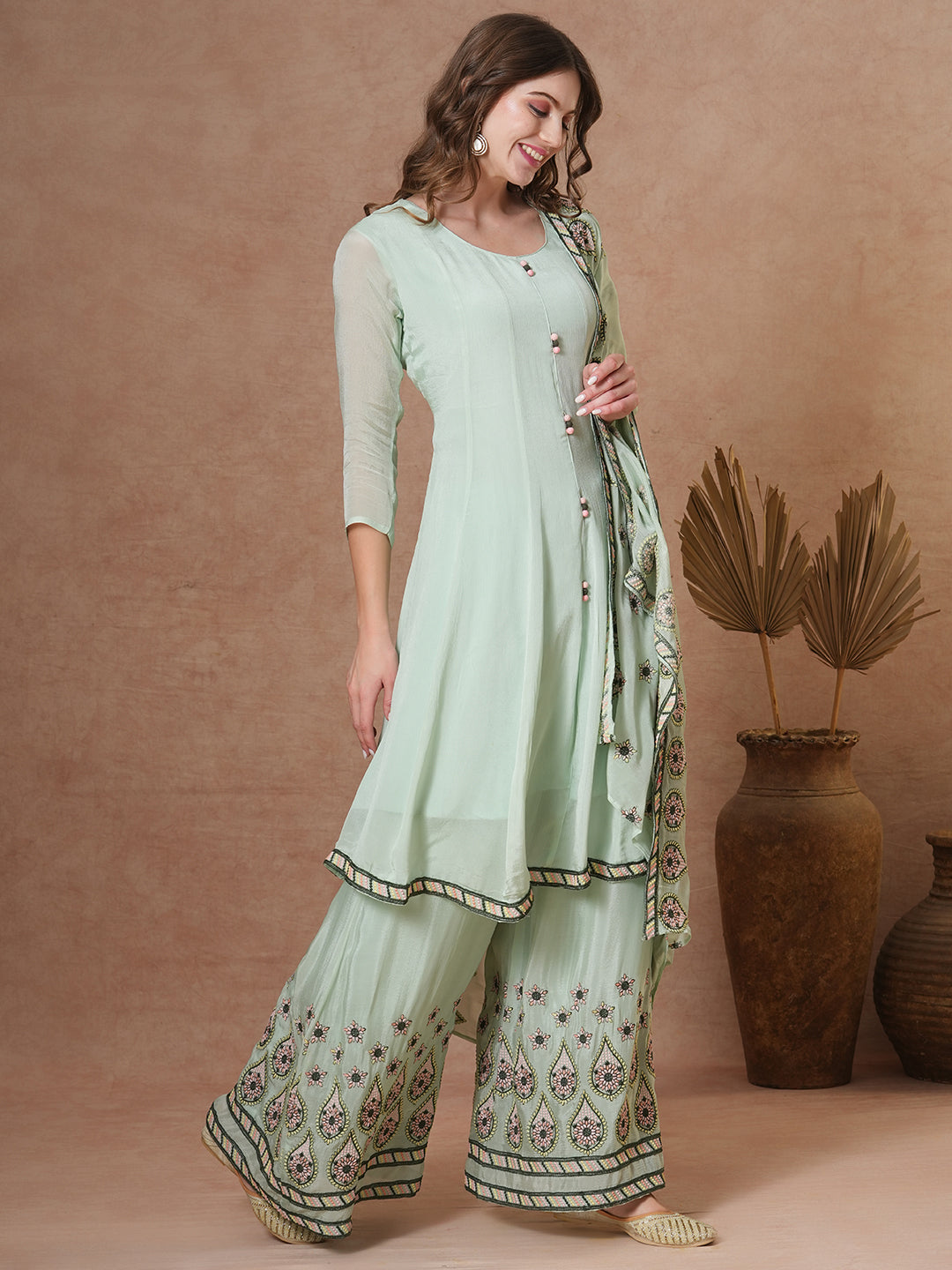 Floral & Embroidered Anarkali Kurta with Palazzo & Dupatta - Mint Green