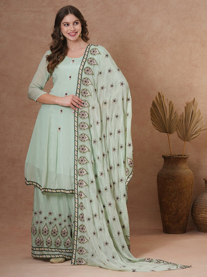 Floral & Embroidered Anarkali Kurta with Palazzo & Dupatta - Mint Green