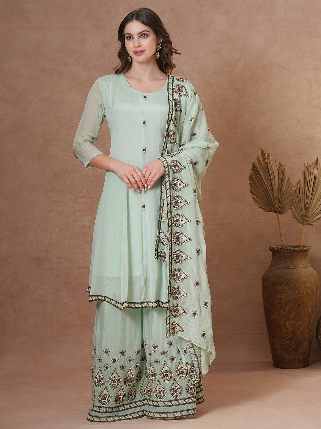 Floral & Embroidered Anarkali Kurta with Palazzo & Dupatta - Mint Green