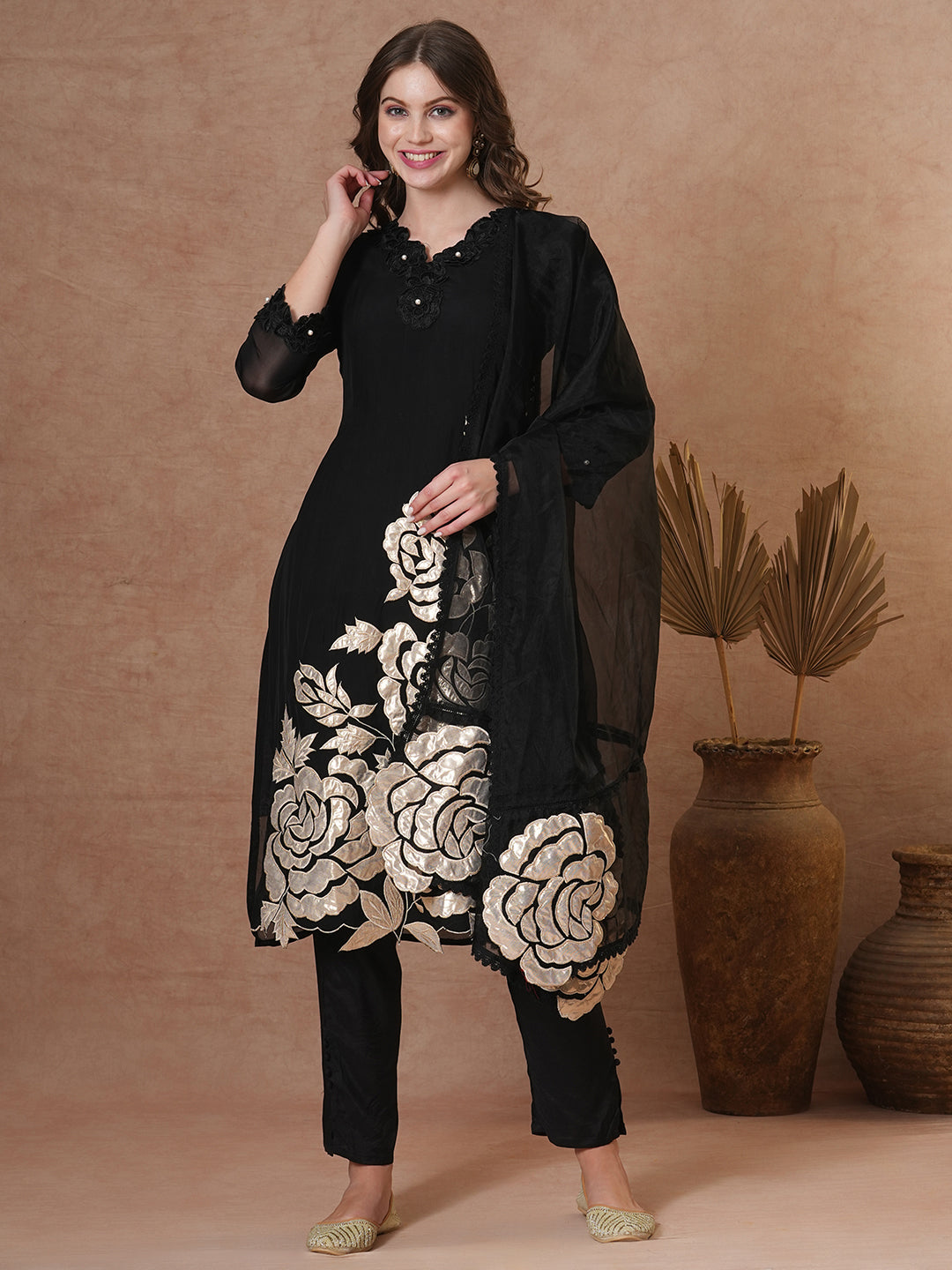 Solid Black Floral Shimmer Patchworked Kurta with Pant & Dupatta - Black