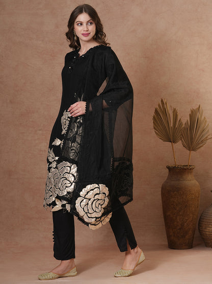 Solid Black Floral Shimmer Patchworked Kurta with Pant & Dupatta - Black