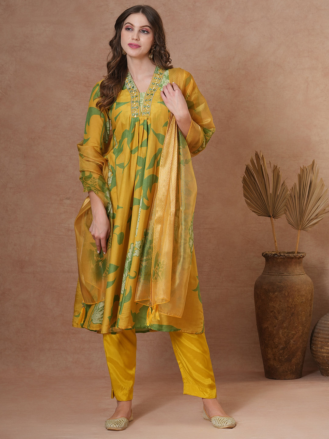 Abstract Floral Printed & Hand Embroidered A-Line Kurta with Pant & Dupatta - Yellow