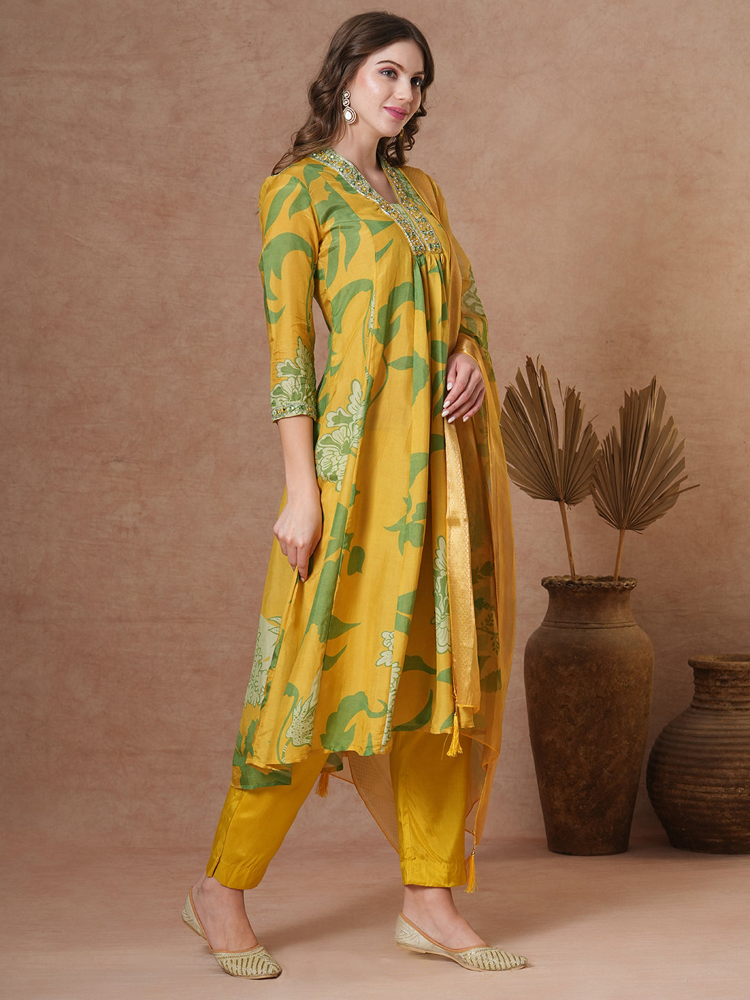 Abstract Floral Printed & Hand Embroidered A-Line Kurta with Pant & Dupatta - Yellow