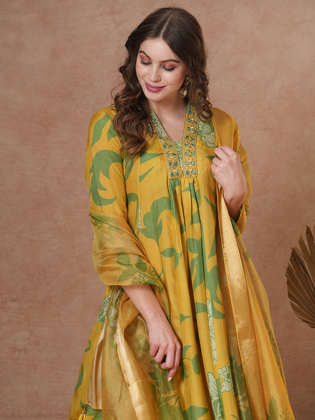 Abstract Floral Printed & Hand Embroidered A-Line Kurta with Pant & Dupatta - Yellow