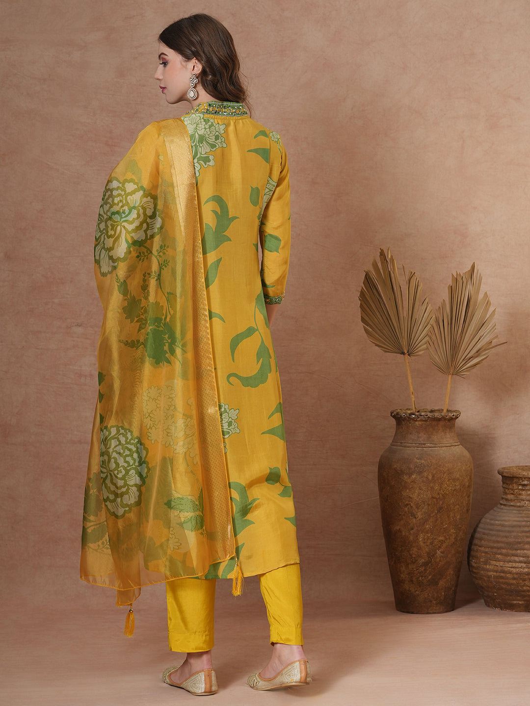 Abstract Floral Printed & Hand Embroidered A-Line Kurta with Pant & Dupatta - Yellow