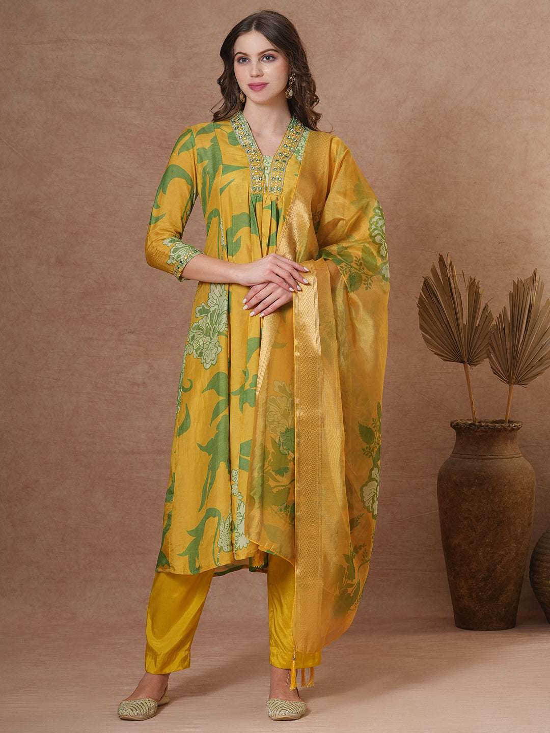 Abstract Floral Printed & Hand Embroidered A-Line Kurta with Pant & Dupatta - Yellow