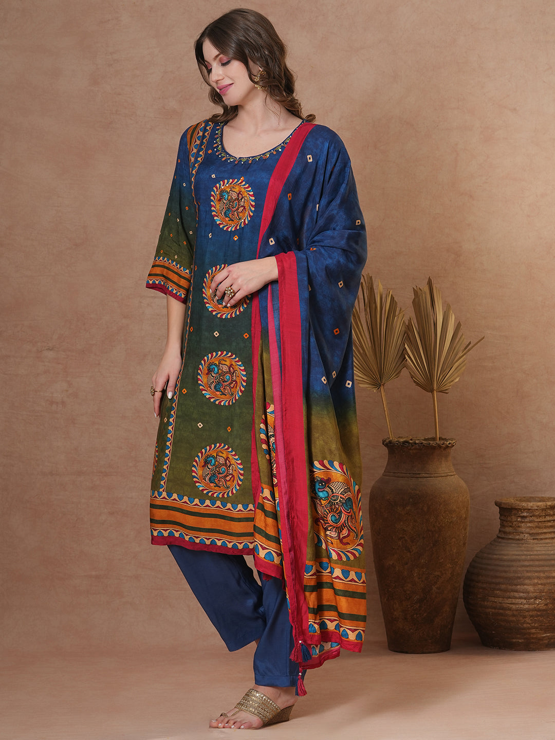 Ethnic Kalamkari Printed & Embroidered Straight Fit Kurta with Pant and Dupatta - Blue