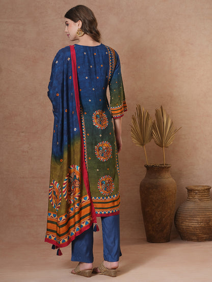 Ethnic Kalamkari Printed & Embroidered Straight Fit Kurta with Pant and Dupatta - Blue