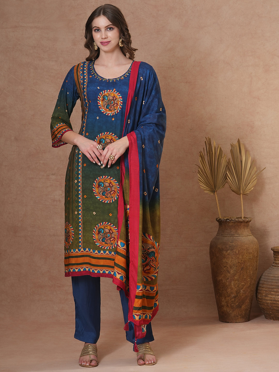 Ethnic Kalamkari Printed & Embroidered Straight Fit Kurta with Pant and Dupatta - Blue