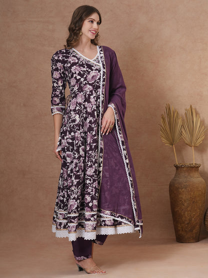 Floral Printed & Hand Embroidered Anarkali Kurta with Pant & Dupatta - Deep Purple