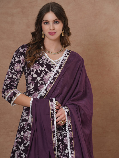 Floral Printed & Hand Embroidered Anarkali Kurta with Pant & Dupatta - Deep Purple