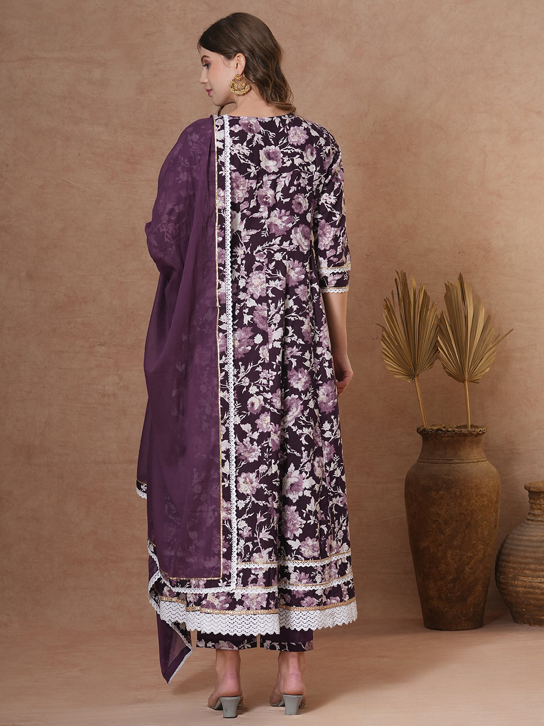 Floral Printed & Hand Embroidered Anarkali Kurta with Pant & Dupatta - Deep Purple