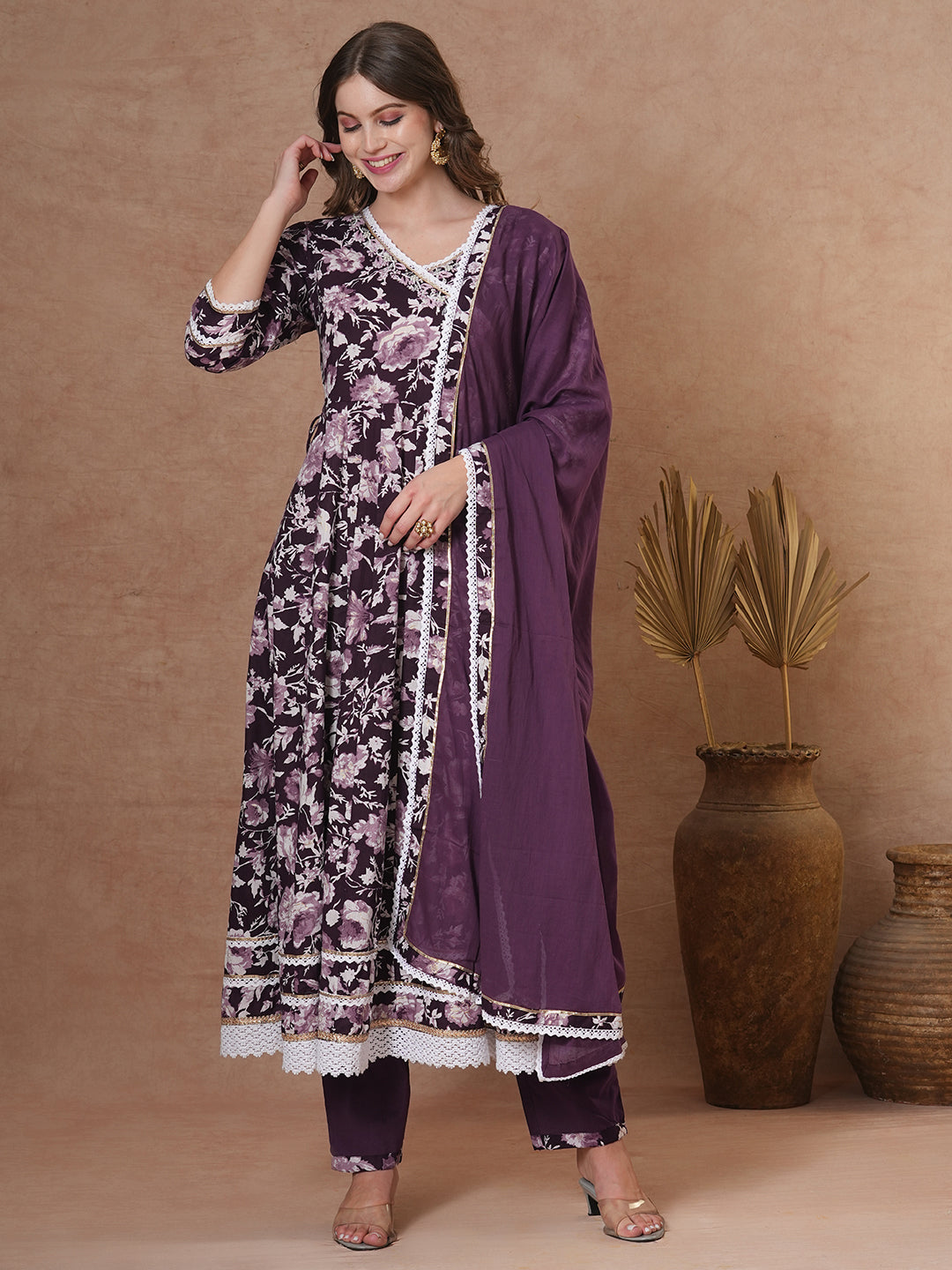 Floral Printed & Hand Embroidered Anarkali Kurta with Pant & Dupatta - Deep Purple