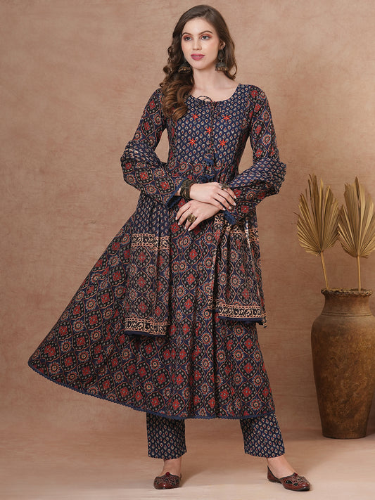 Ethnic Floral Printed & Embroidered Anarkali Kurta with Pant & Dupatta - Blue