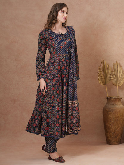 Ethnic Floral Printed & Embroidered Anarkali Kurta with Pant & Dupatta - Blue