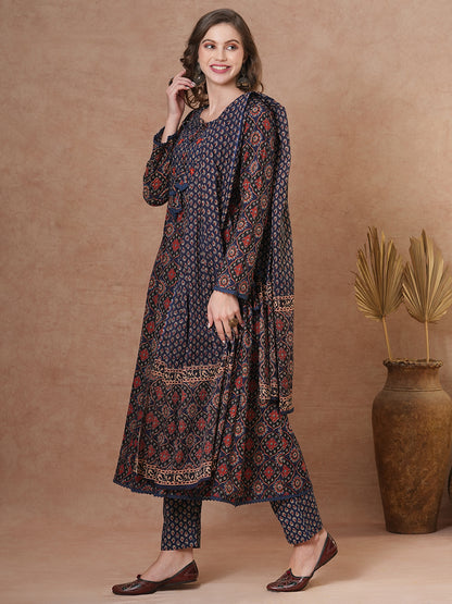 Ethnic Floral Printed & Embroidered Anarkali Kurta with Pant & Dupatta - Blue